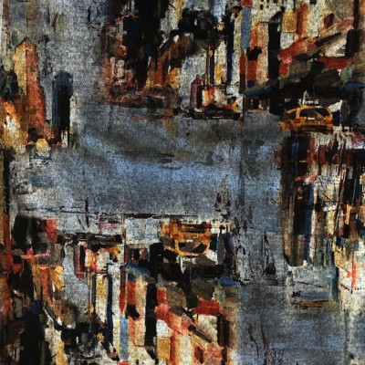 POLY KNIT OMEGA PRT DSN # BUILDINGS # BLUE ORANGE