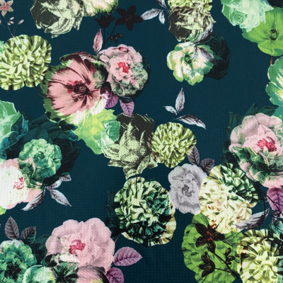 POLY KNIT PABLO RELIEF P PRT DSN # ROSES # DEEP TEAL
