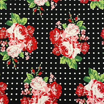 KEPER STRECH SATEN PRT DSN # DOTS & ROSES # BLACK