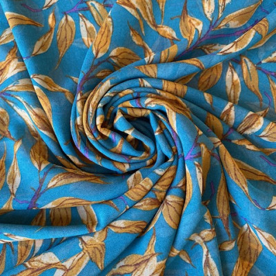 KOSULJAR S MUSLIN GABRIELA PRT DSN # LEAVES # TURQUOISE