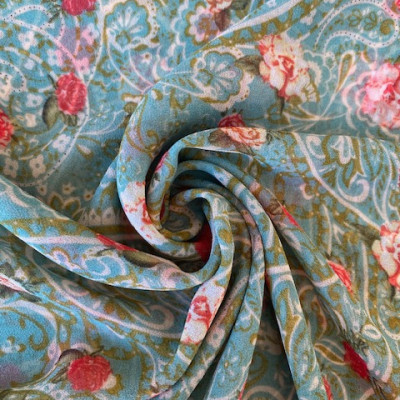 KOSULJAR S MUSLIN GABRIELA PRT DSN # PAISLEY ROSES # GREEN