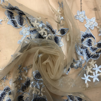 TIL S AMELIA EMB DSN # 2014 # FLOWERS L BLUE BEIGE
