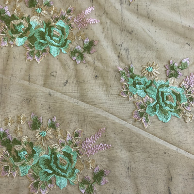 TIL S DELICATE EMB DSN # 870 # FLOWERS AQUA BEIGE