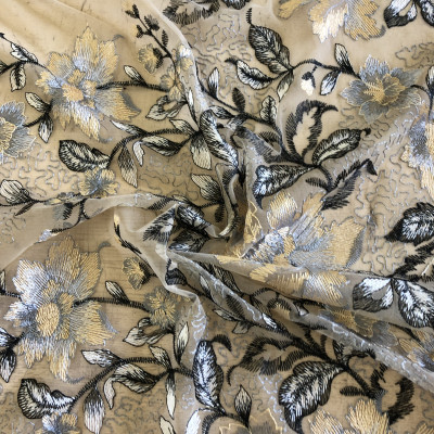 TIL S ROMANCE EMB DSN # 1023 # FLOWERS GRAY BEIGE
